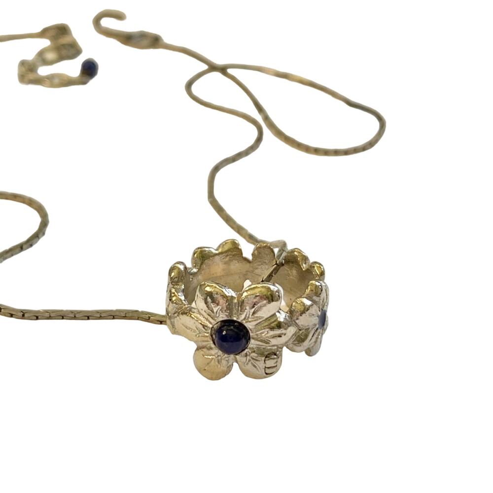 VTG Galliano Christian Dior Silver Metal Lapis Lazuli Flower Ring & Necklace Set - Picture 8 of 14